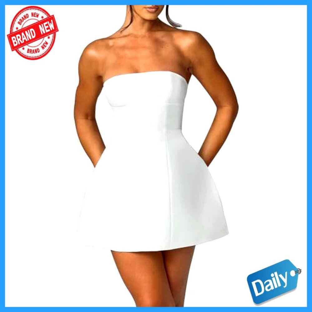 Strapless Backless Mini Dress A-Line Silhouette High Waist Party Club - Picture 4 of 6